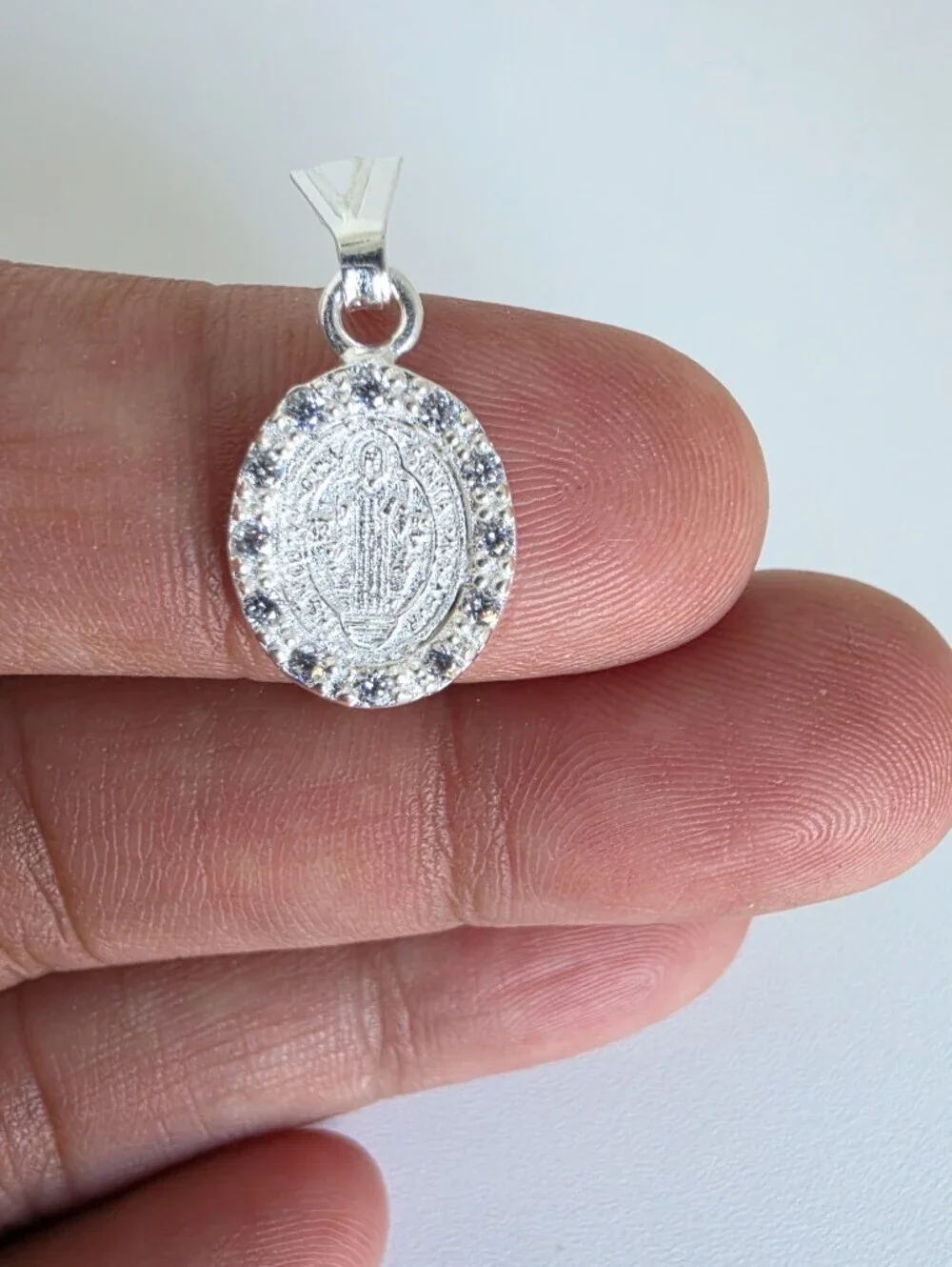 925 Sterling Silver St. Benedict San Benito CZ Oval Pendant Charm